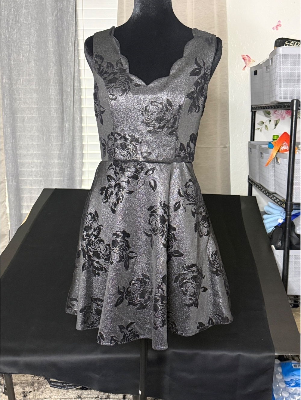 Trixxi Black and Silver Floral Lace Back Dress, Size M